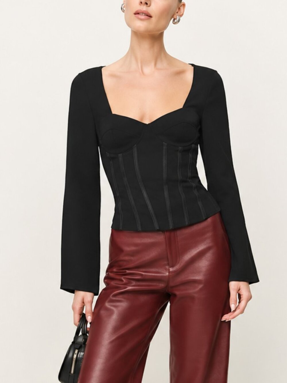 Reformation Amina Black Long Sleeve Corset Top Size 2